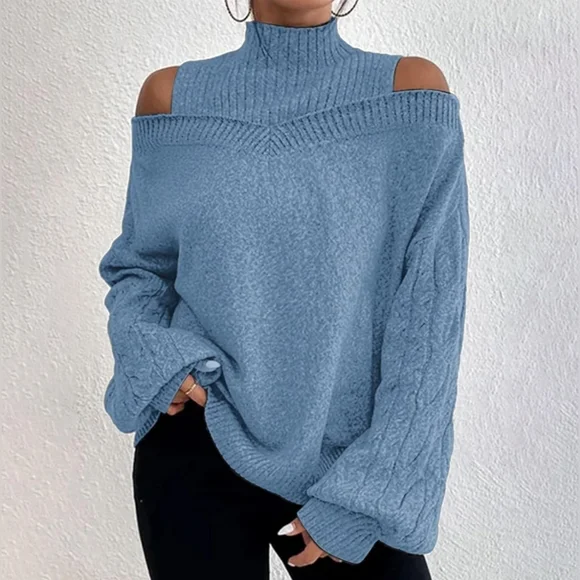 Cold Shoulder Turtleneck Long Sleeve Loose Ribbed Knit Pullover Sweater-(Large) - Picture 3 of 9